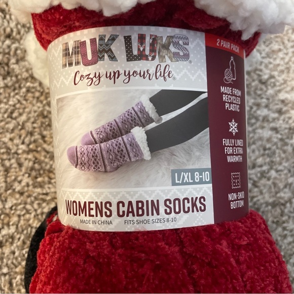 Muk Luks Womens 2pr Sherpa Cabin Socks Red Snowflake Slippers - Picture 8 of 9